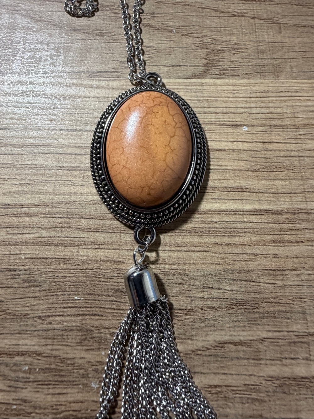 paparazzi Silver-Tone Necklace with Tan Oval Stone and Tassel